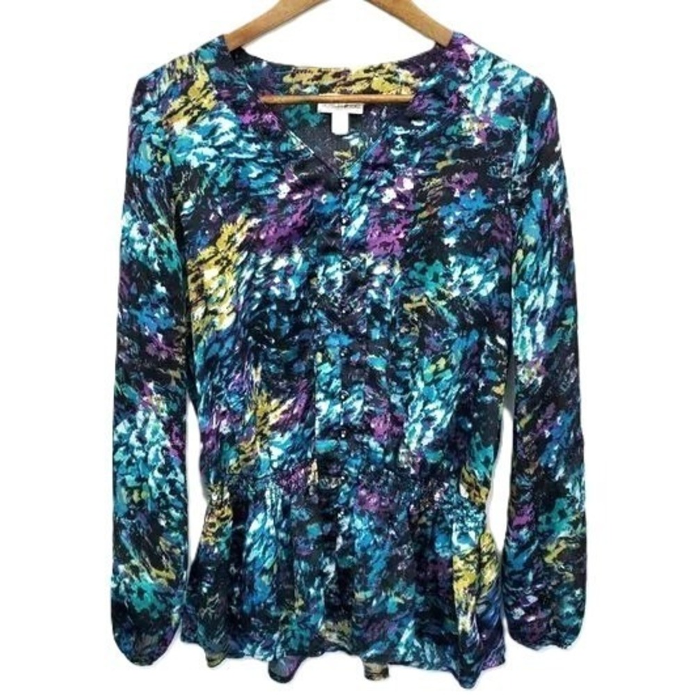 Fashion Bug Peplum Blouse Floral Chiffon Button Front Boho Top L - Picture 2 of 15